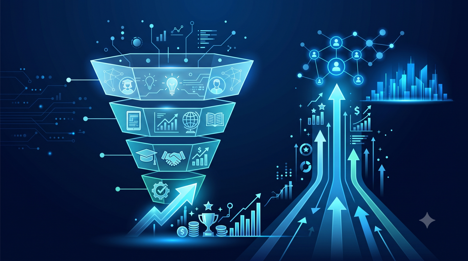Abstract conceptual illustration of an EdTech sales funnel turning leads into business growth
